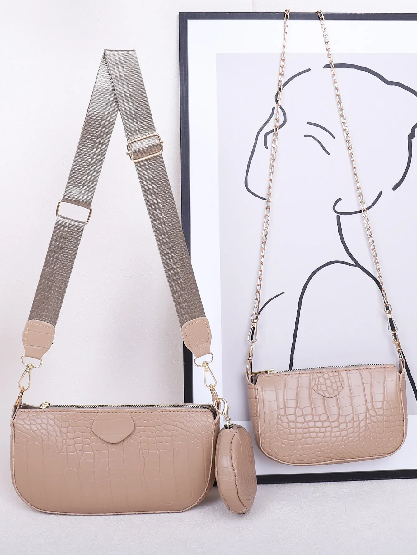 3pcs Croc Embossed Crossbody Bag Set