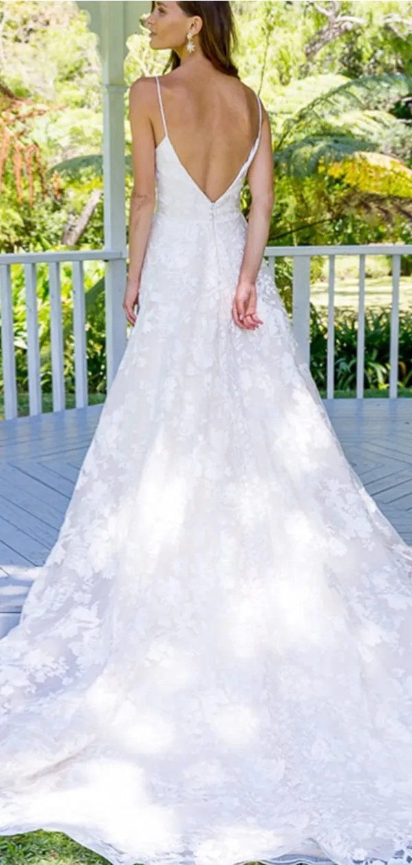 A-Line Spaghetti Straps Backless Long Lace Wedding Dresses Online, TYP1323