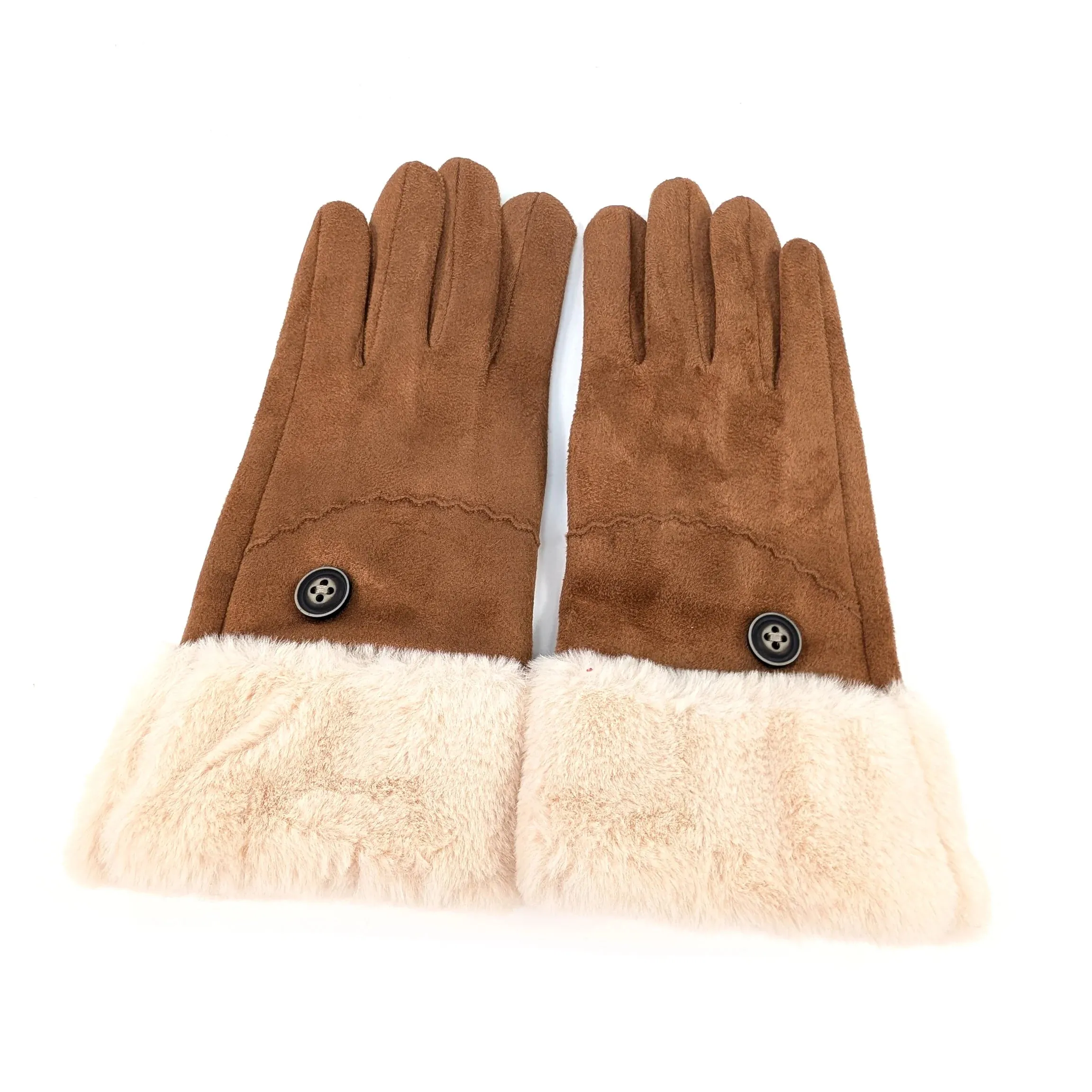 Black Ginger Tan Sheepskin Style Faux Fur Trim Gloves - 800-594