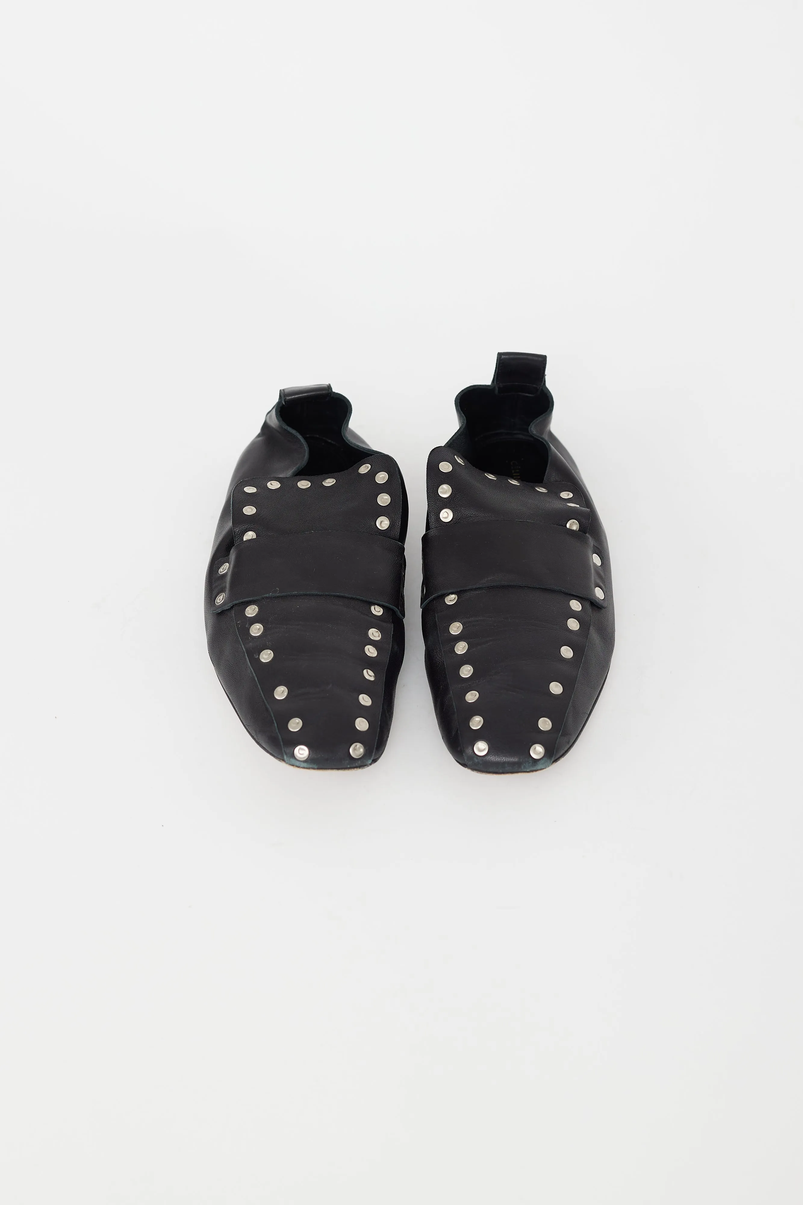 Black Leather Silver Studded Flat Loafer