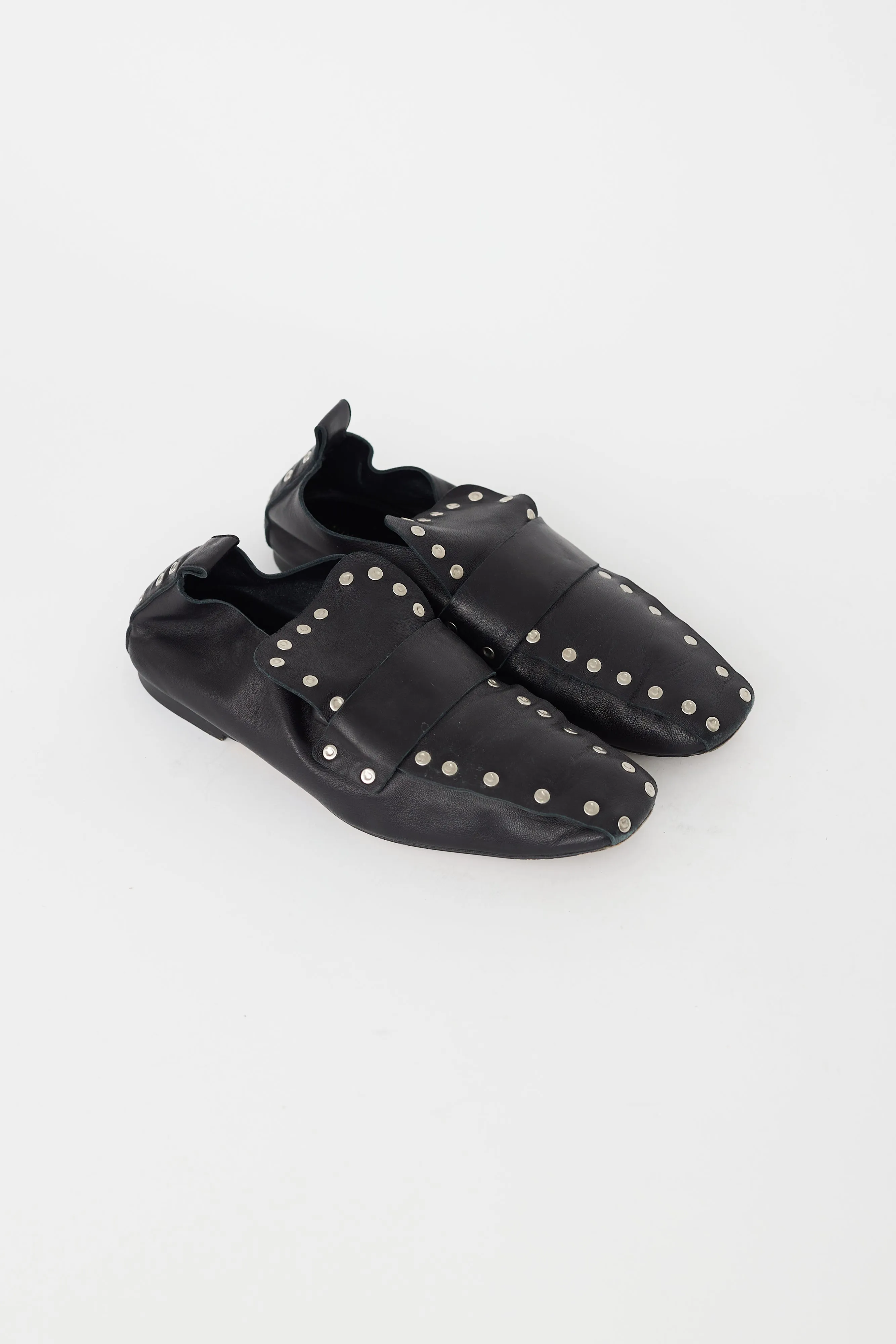 Black Leather Silver Studded Flat Loafer