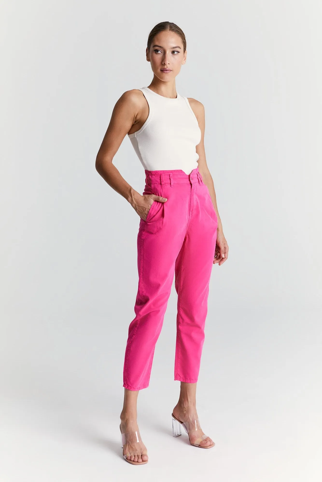 Camila - High Waist Slim Fit Paper Bag Pants - Pink