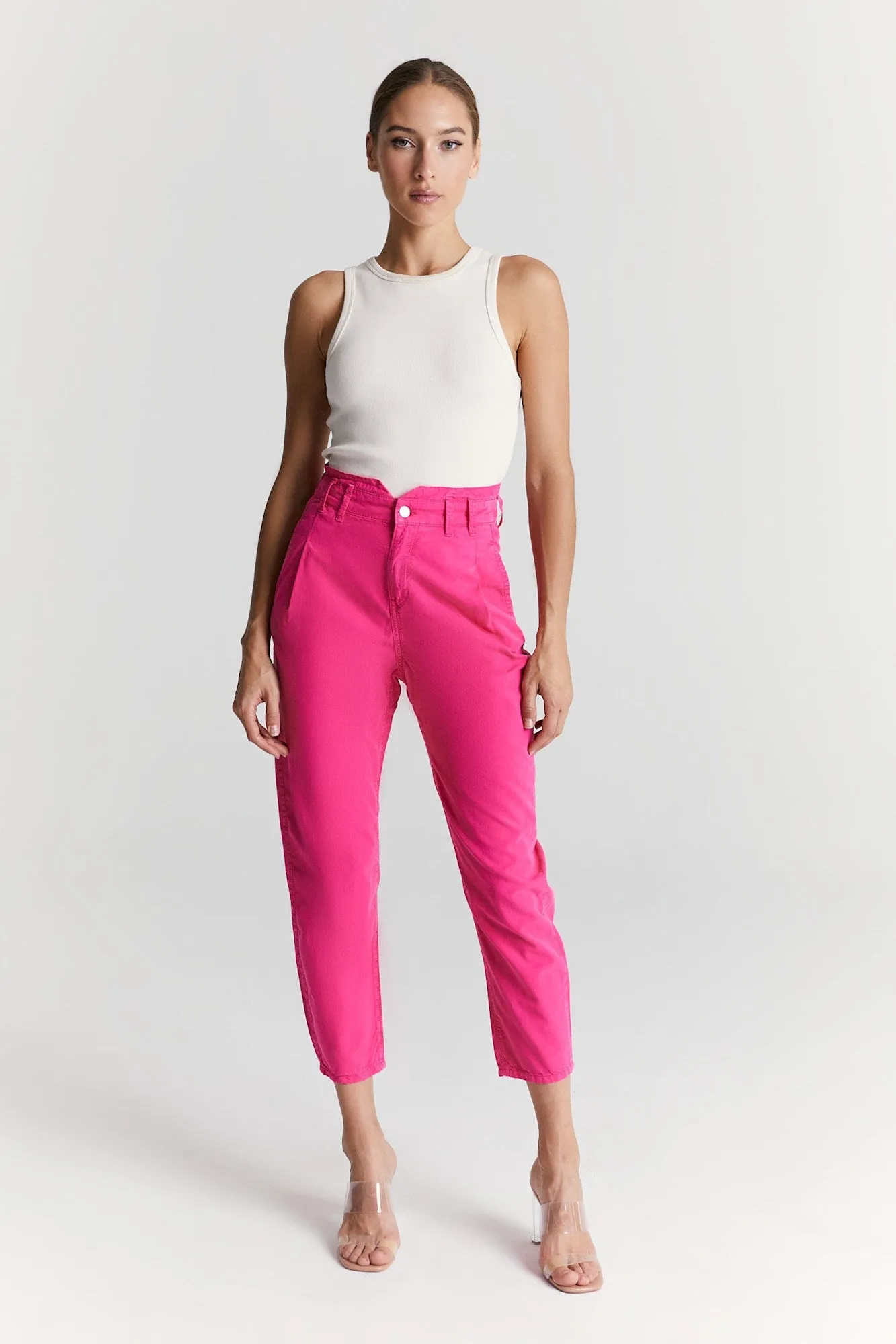 Camila - High Waist Slim Fit Paper Bag Pants - Pink