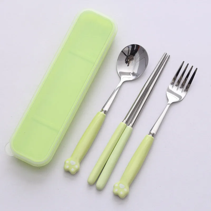Cat's Paw Tableware Set Ceramic Stainless Steel Tableware Chopsticks Spoon Fork Portable Tableware Set