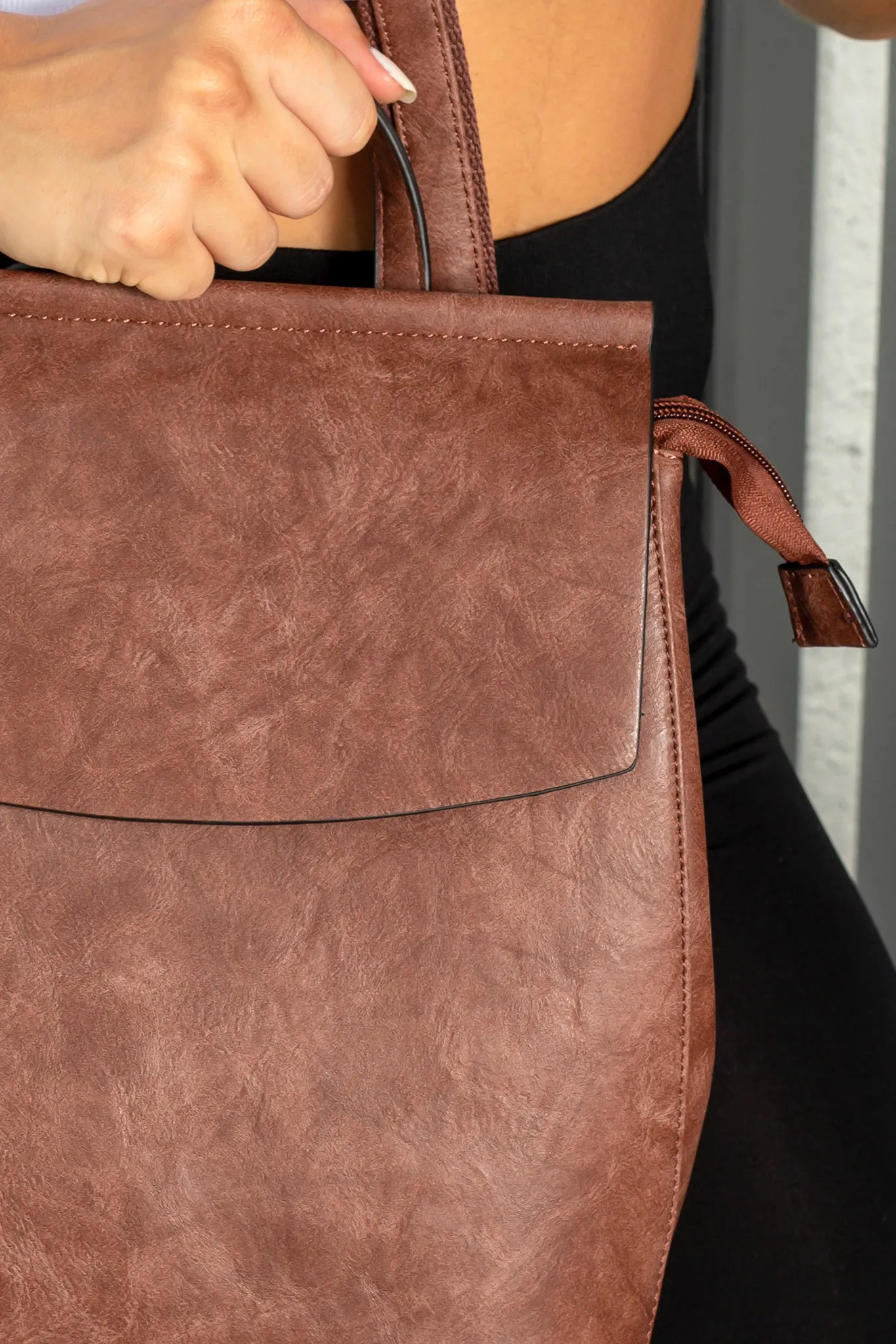 Coffee Faux Leather Backpack