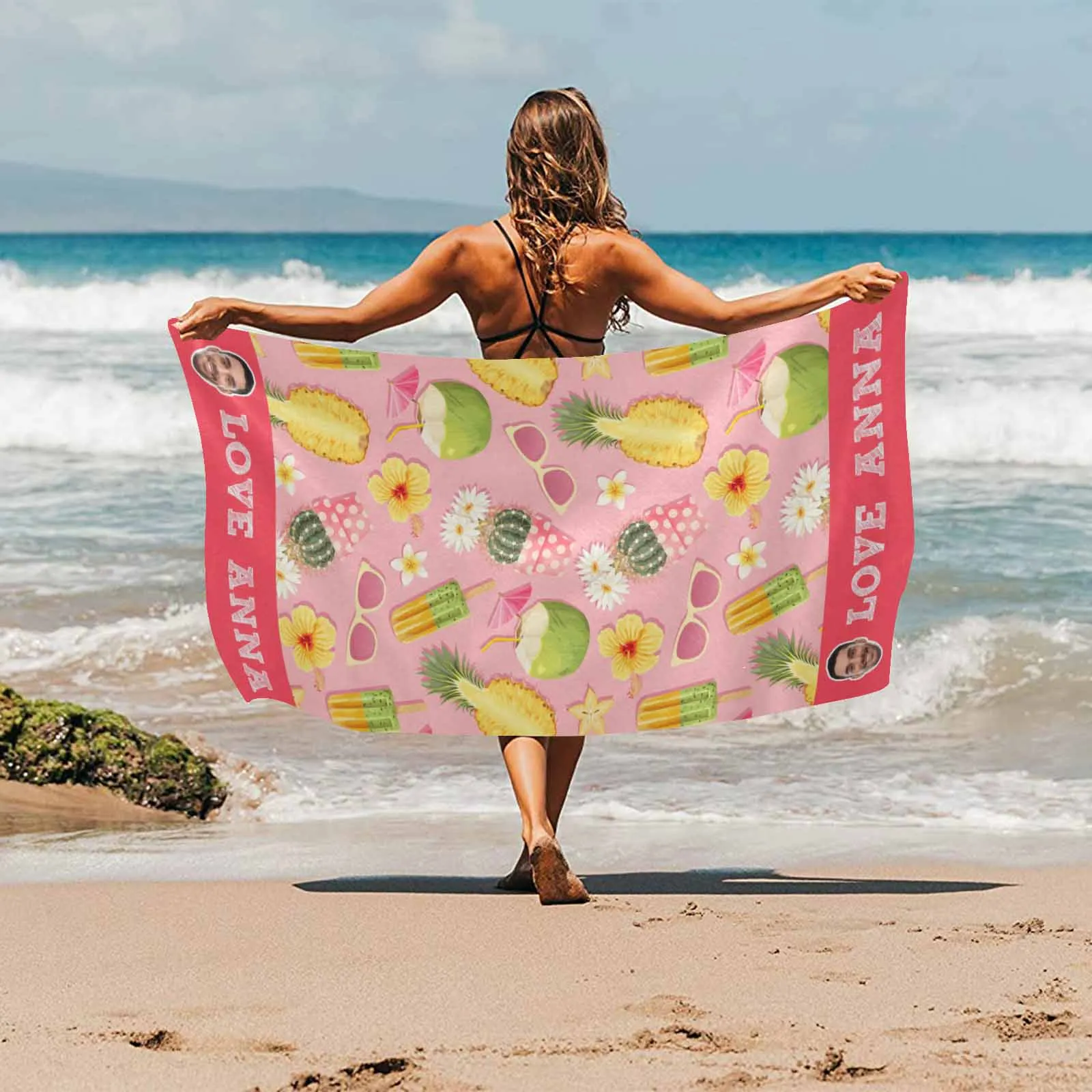 Custom Face & Name Fruits Flowers Beach Towel Quick-Dry, Sand-Free, Super Absorbent, Non-Fading, Beach&Bath Towel Beach Blanket Personalized Beach Towel Funny Selfie Gift