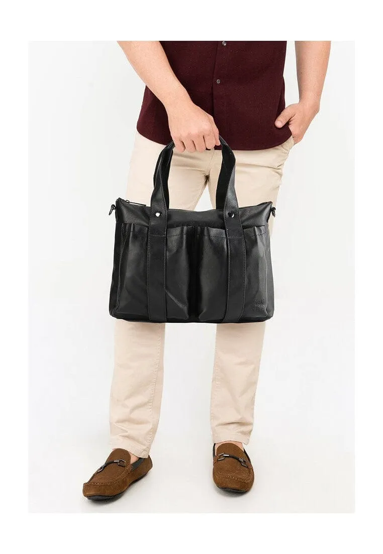 Distressed Leather Carryall Messenger Bag - Black