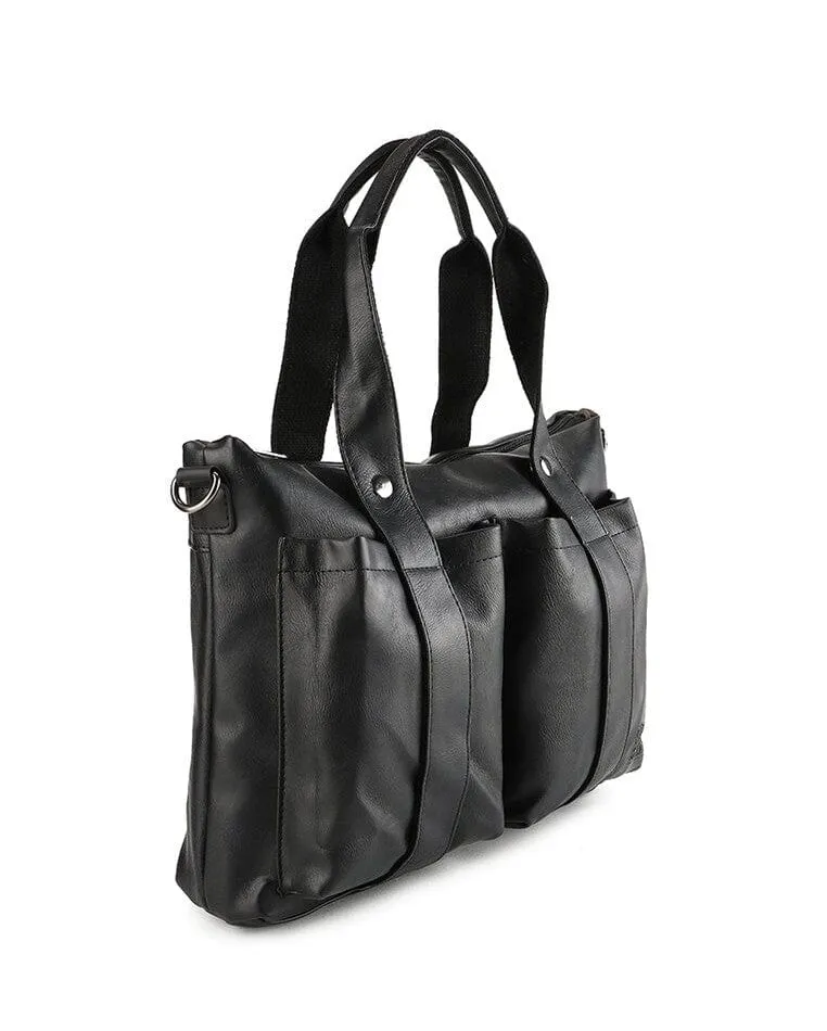 Distressed Leather Carryall Messenger Bag - Black