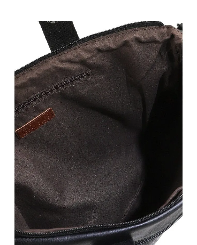 Distressed Leather Carryall Messenger Bag - Black
