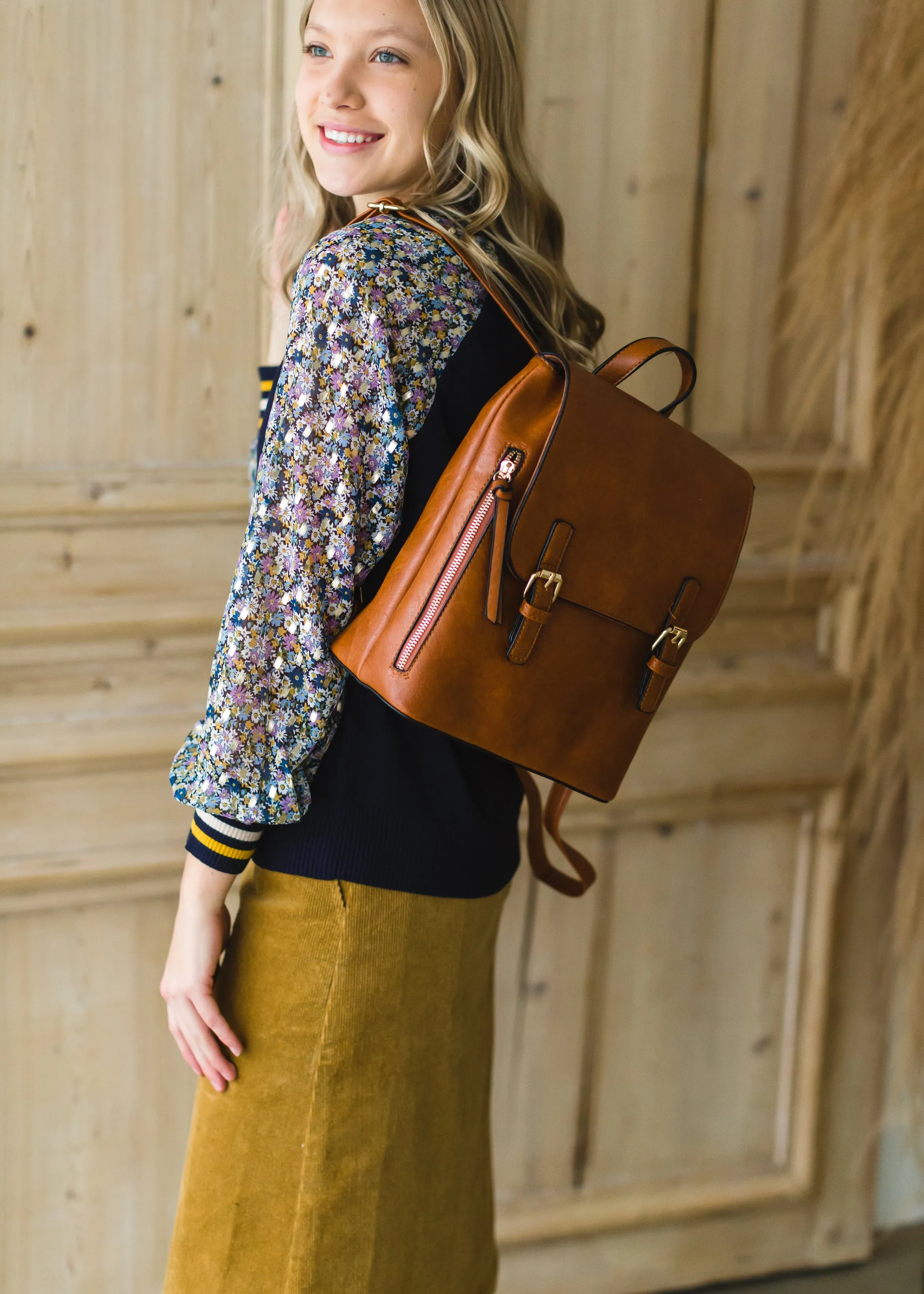 Faux Leather Double Buckle Backpack