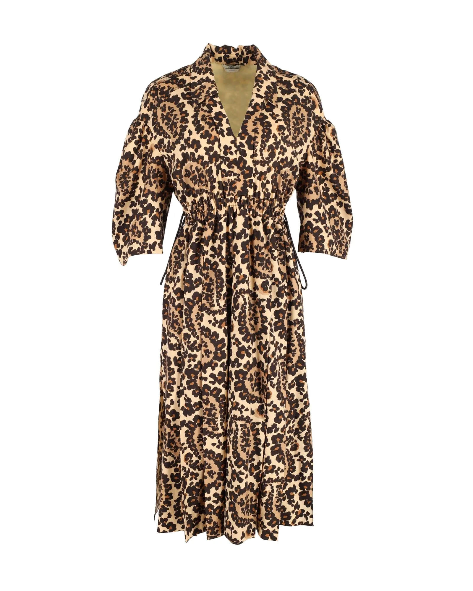 Fendi Leopard-Print V-Neck Midi Dress in Brown Polyester