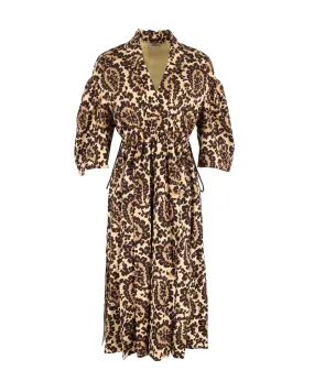 Fendi Leopard-Print V-Neck Midi Dress in Brown Polyester