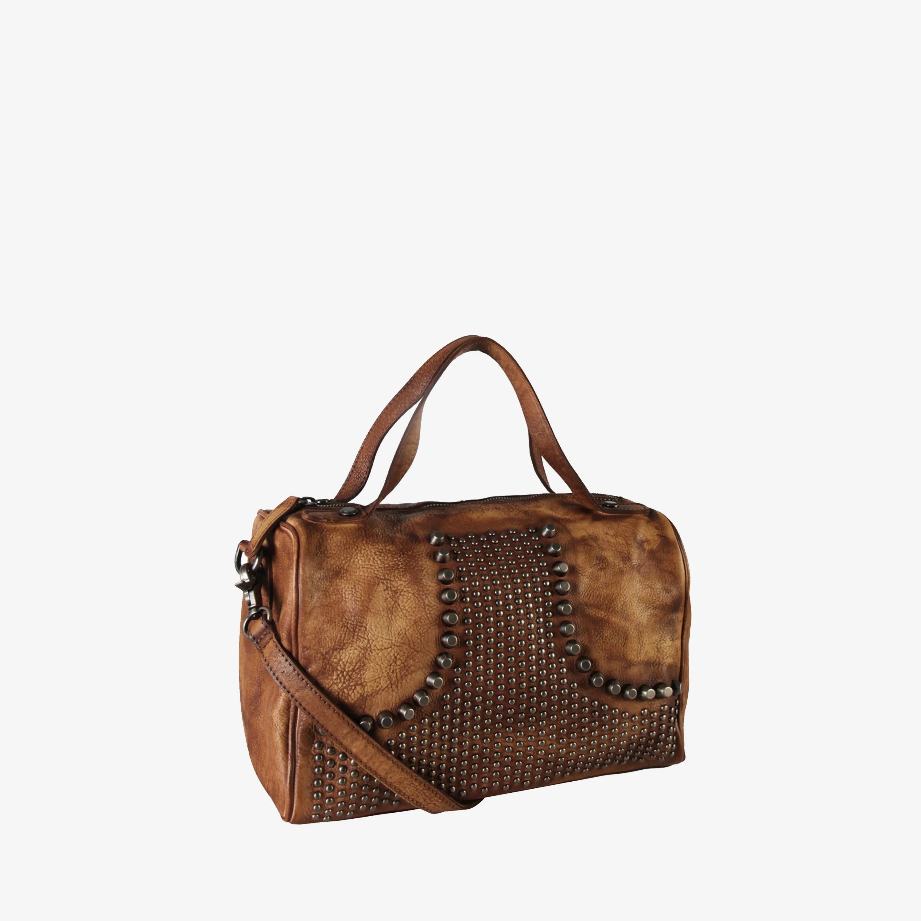 Genuine Leather Studded Front Decor Tote Handbag