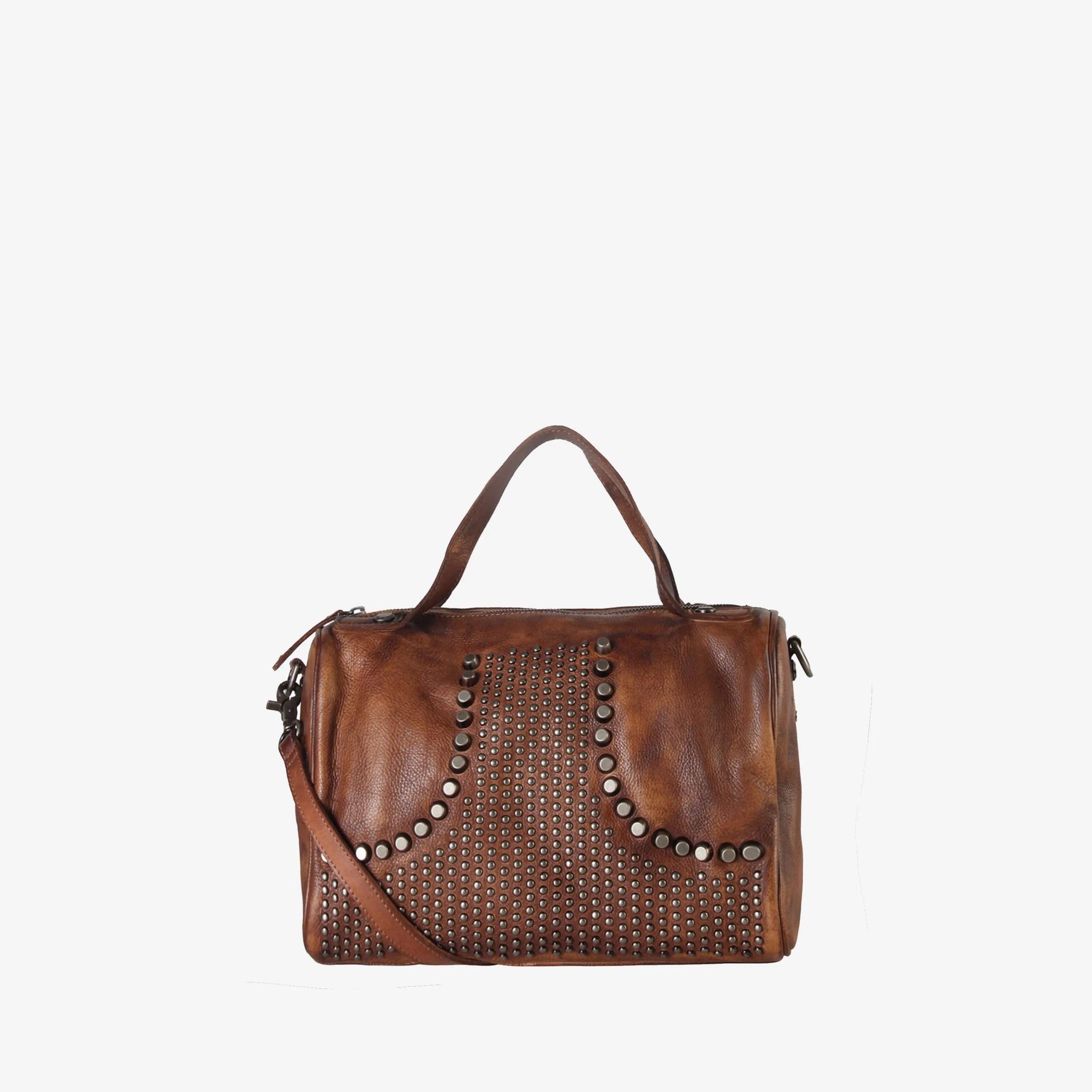 Genuine Leather Studded Front Decor Tote Handbag