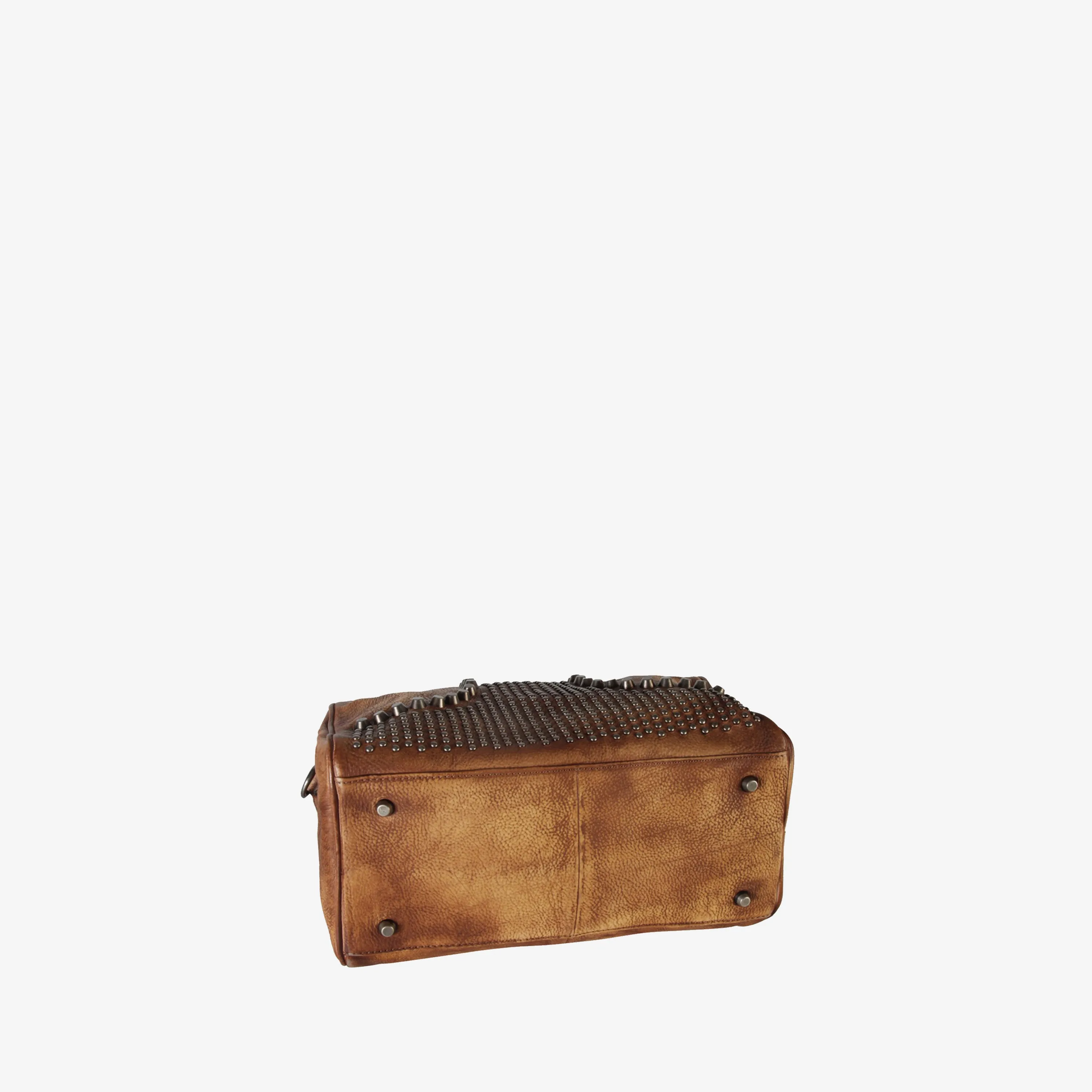 Genuine Leather Studded Front Decor Tote Handbag
