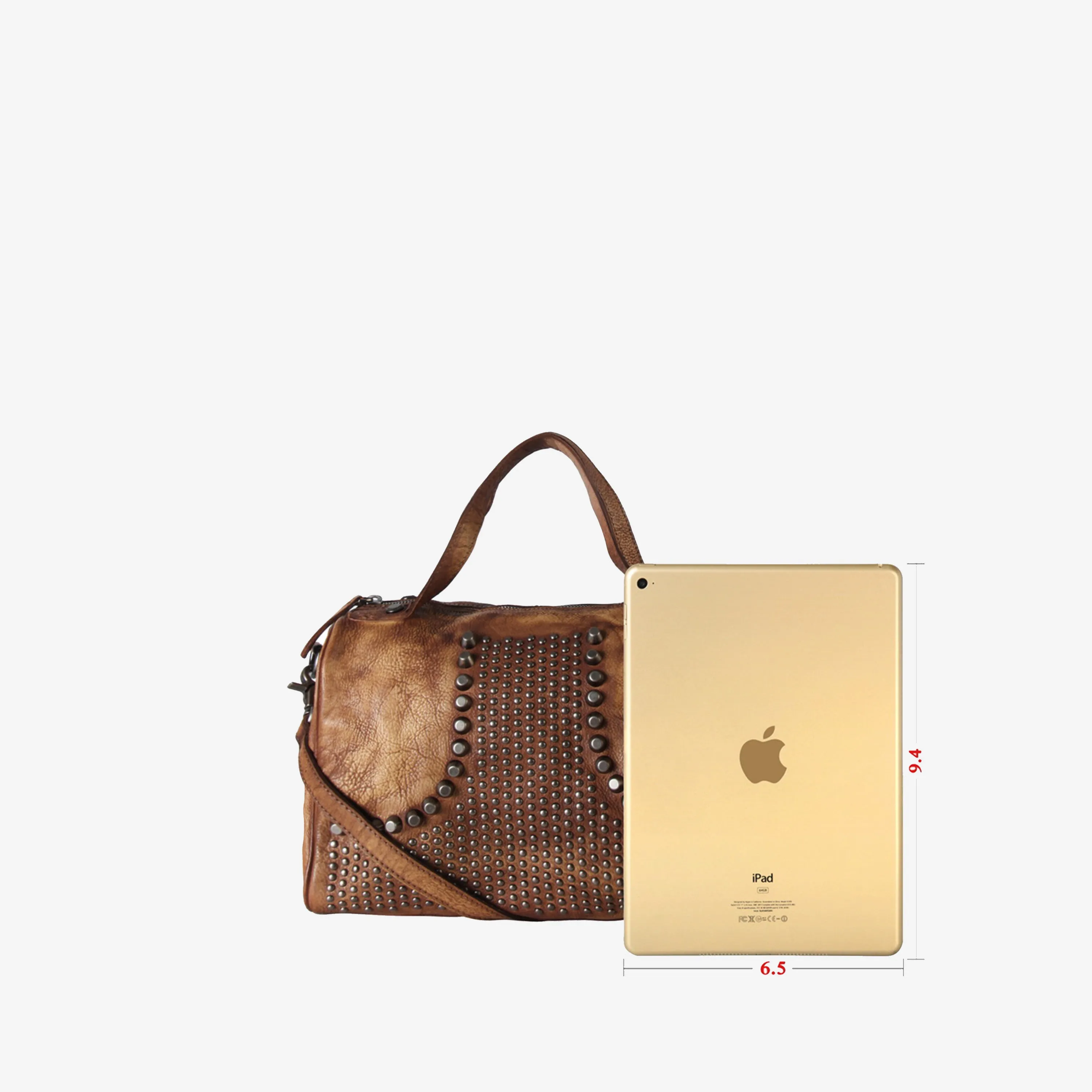 Genuine Leather Studded Front Decor Tote Handbag