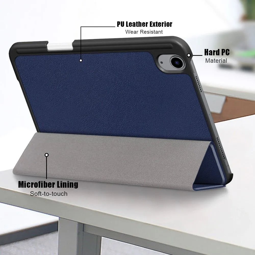 iPad Mini 6 (2021) slim tri-fold PU leather flip case with pen slot - Dark Blue