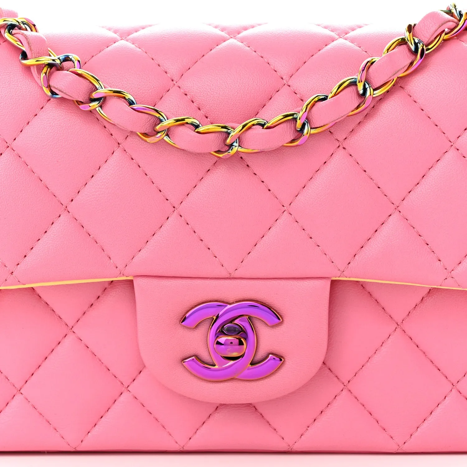 Lambskin Quilted Mini Rectangular Flap Pink Yellow