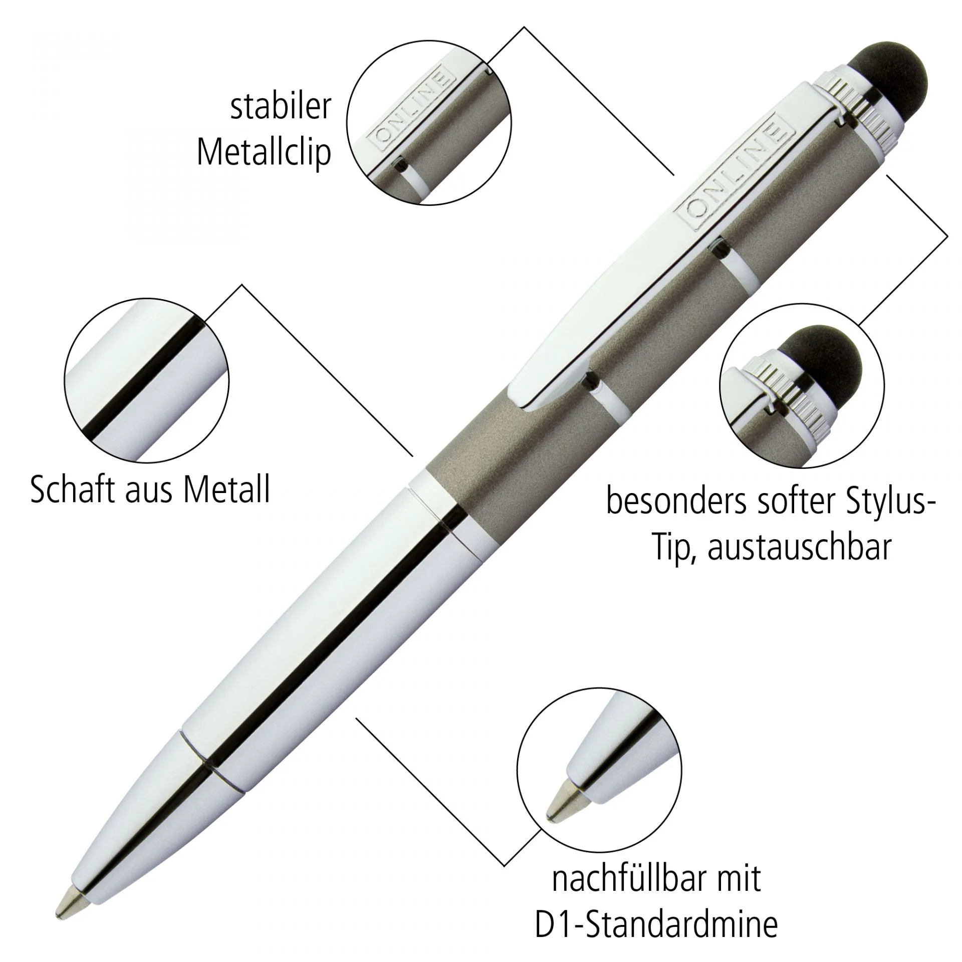 Online Piccolo Ballpoint Pen - Pastel Grey (Mini Sized with Stylus)