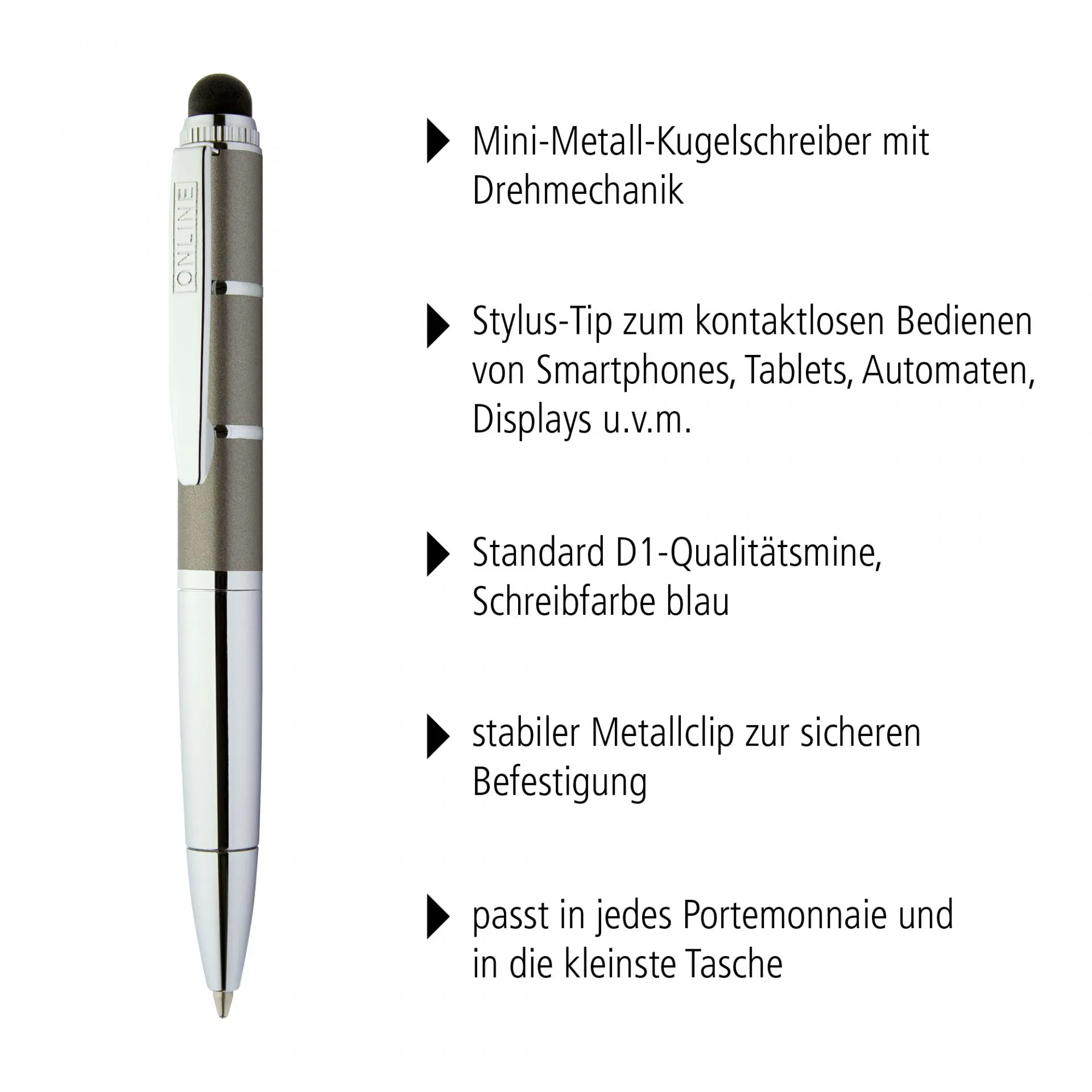 Online Piccolo Ballpoint Pen - Pastel Grey (Mini Sized with Stylus)