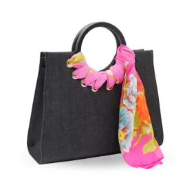 QUEENSCLIFF - Charcoal Denim Ring Handle Bag with Scarf - CLEARANCE