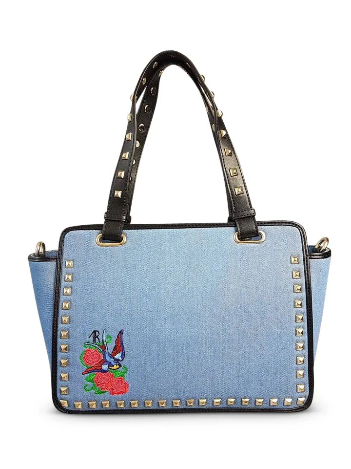 SALE - DENMAN - ladies Embroidered Floral Across Body Bag With Studded Handle