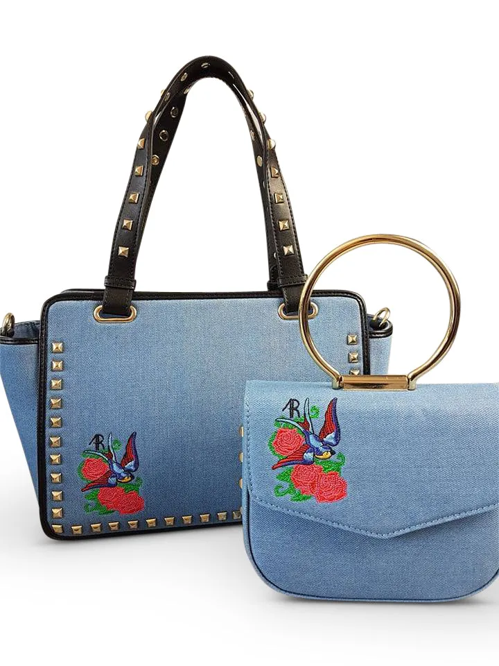 SALE - DENMAN - ladies Embroidered Floral Across Body Bag With Studded Handle