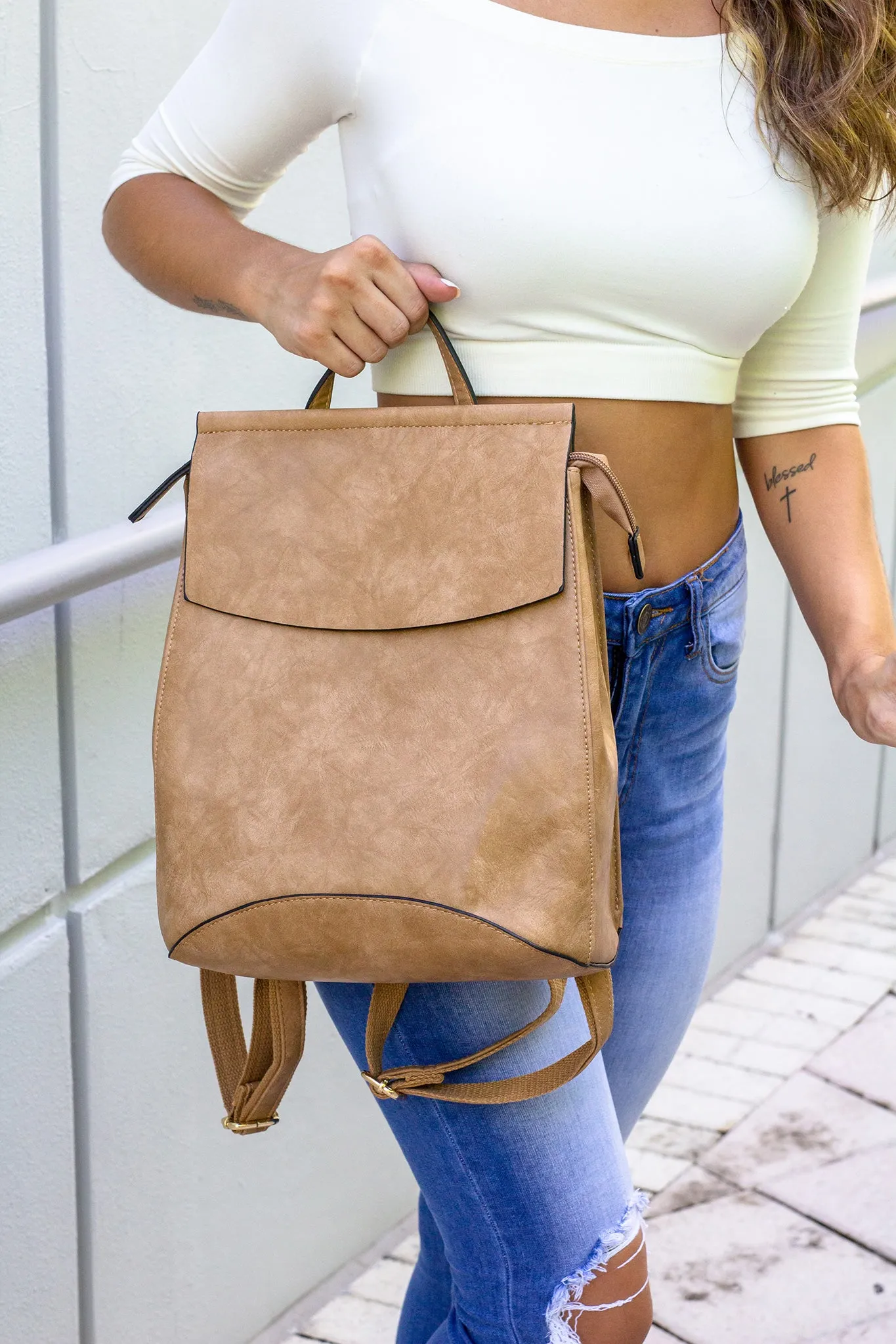 Taupe Faux Leather Backpack