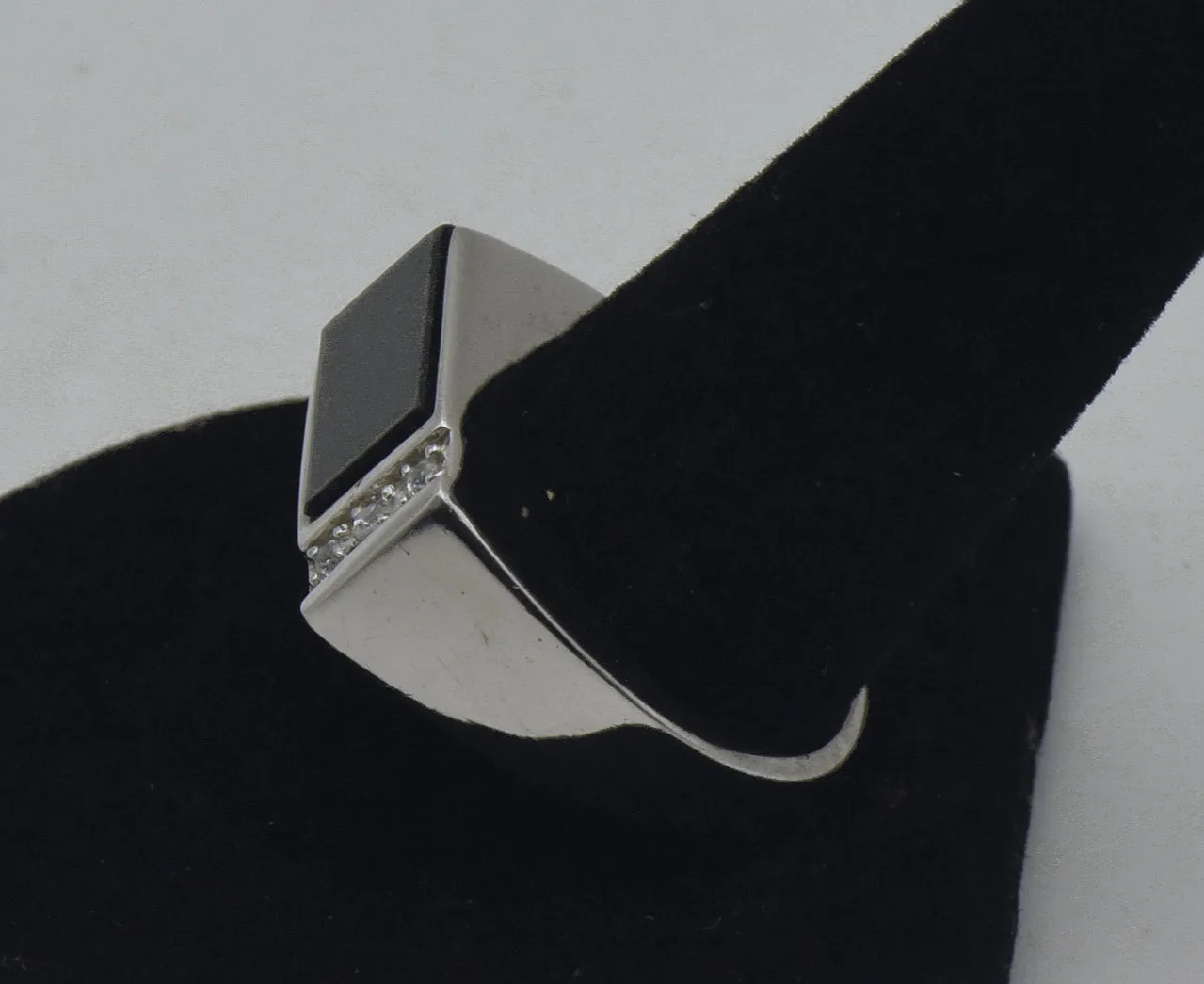 Vintage Black Onyx and Rhinestone Sterling Silver Ring - Size 10.25