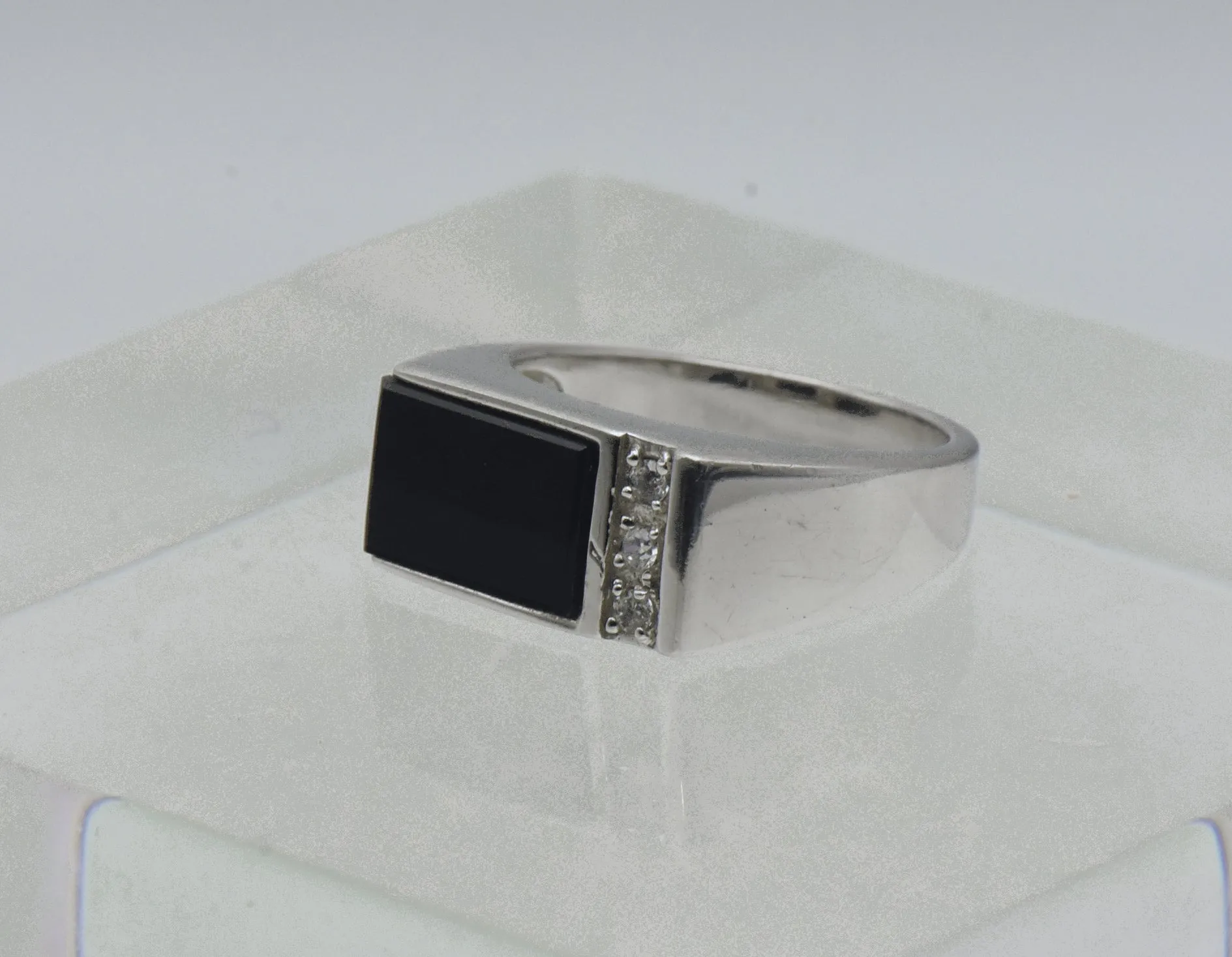 Vintage Black Onyx and Rhinestone Sterling Silver Ring - Size 10.25