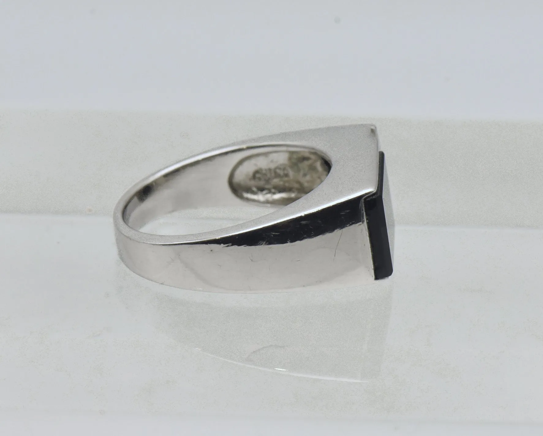 Vintage Black Onyx and Rhinestone Sterling Silver Ring - Size 10.25