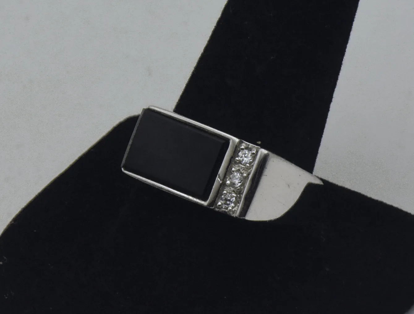 Vintage Black Onyx and Rhinestone Sterling Silver Ring - Size 10.25