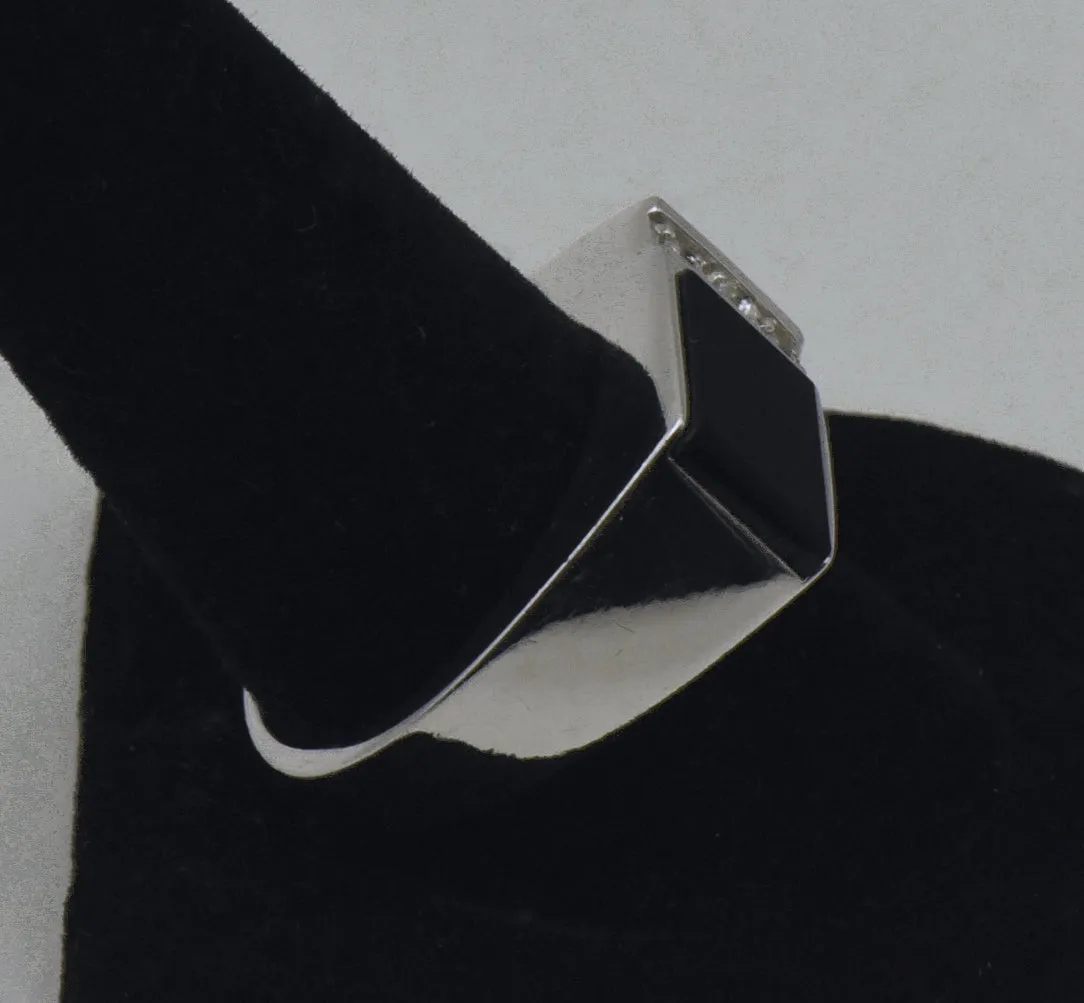 Vintage Black Onyx and Rhinestone Sterling Silver Ring - Size 10.25