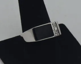 Vintage Black Onyx and Rhinestone Sterling Silver Ring - Size 10.25