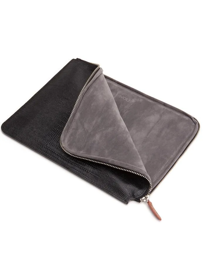 WOLF Blake Zip Tablet Case - Genuine Black Lizard Leather - Zipper Closure